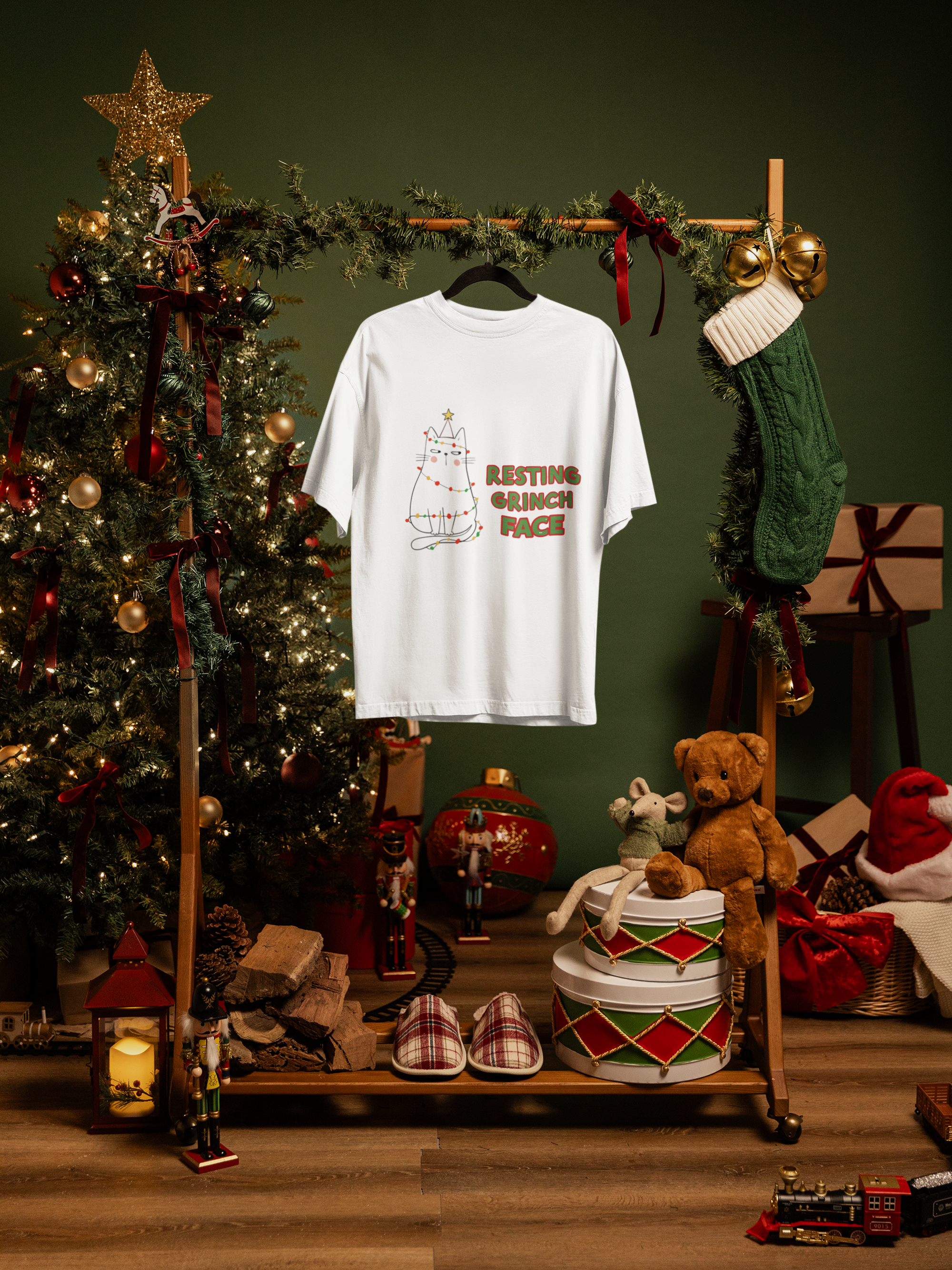 Resting Grinch Face Cat Christmas T-Shirt | Funny Holiday Cat Shirt for Women